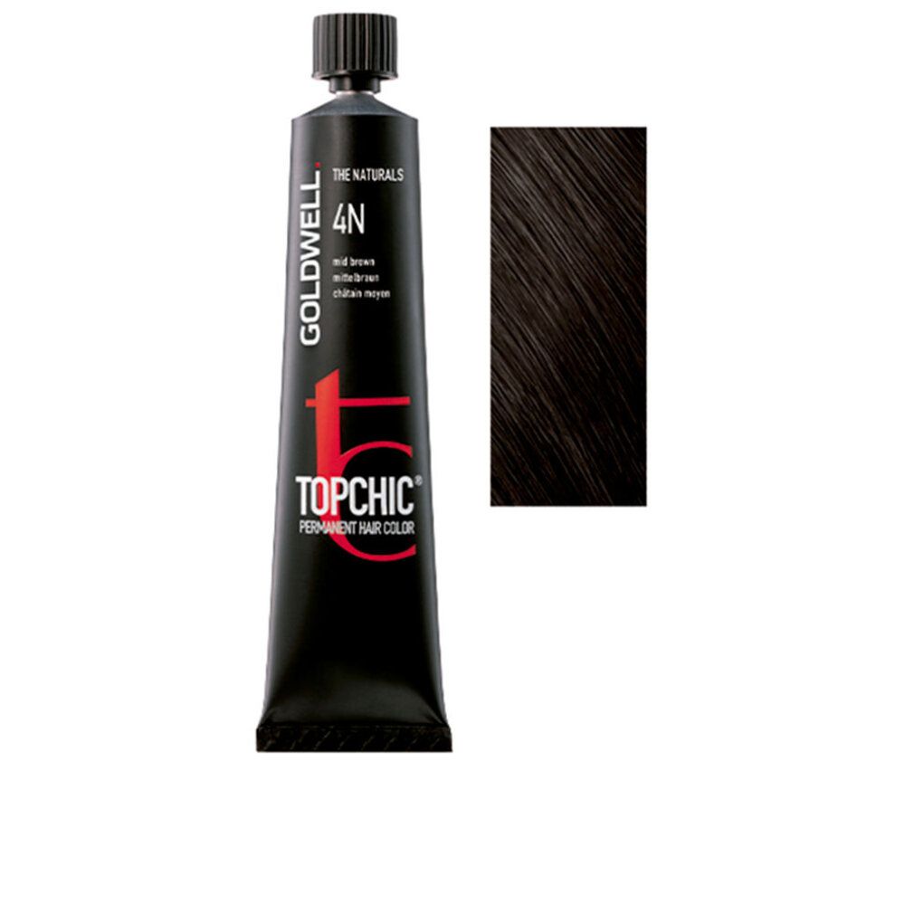 Goldwell Topchic Tube 4-n. Schwarze Tube mit Produktinformationen und Farbmuster. Aufschrift: 4N, mittelbraun.