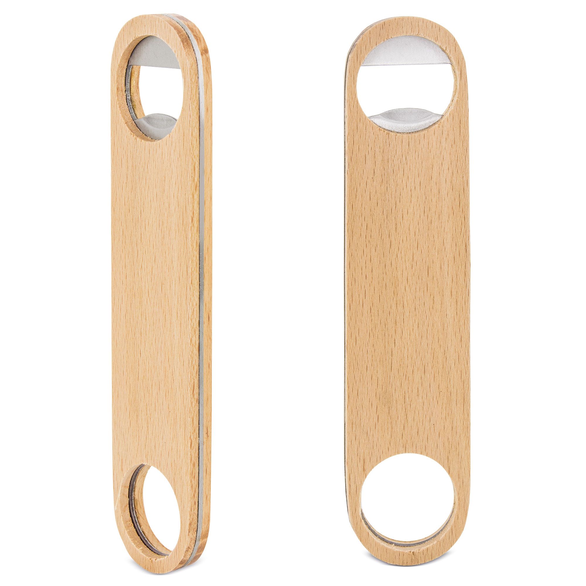 Flaschenöffner aus Holz. Rechteckig mit Öffnung an beiden Enden. Metall-Öffner. Helles Holz. Zwei Ansichten.