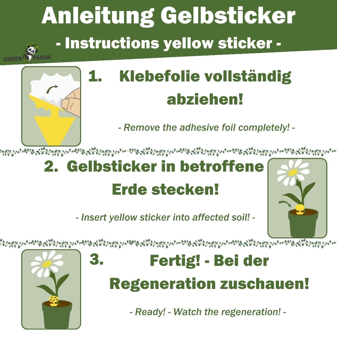 Anleitung Gelbsticker: Folie abziehen, in Erde stecken, fertig. Green Panda Logo.