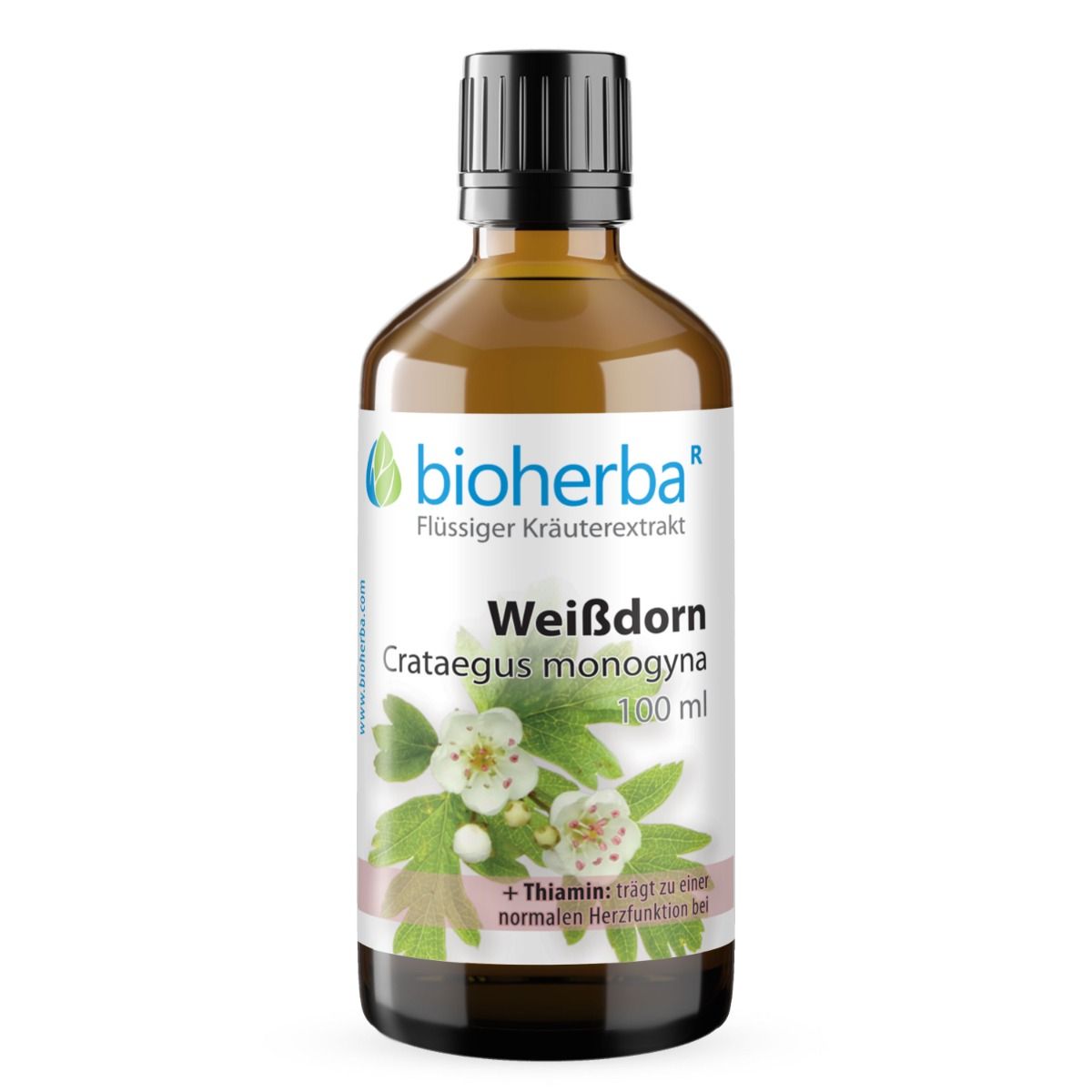 Braune Glasflasche mit schwarzem Deckel. Etikett mit Produktnamen und Logo. Weissdorn Crataegus monogyna 100 ml.