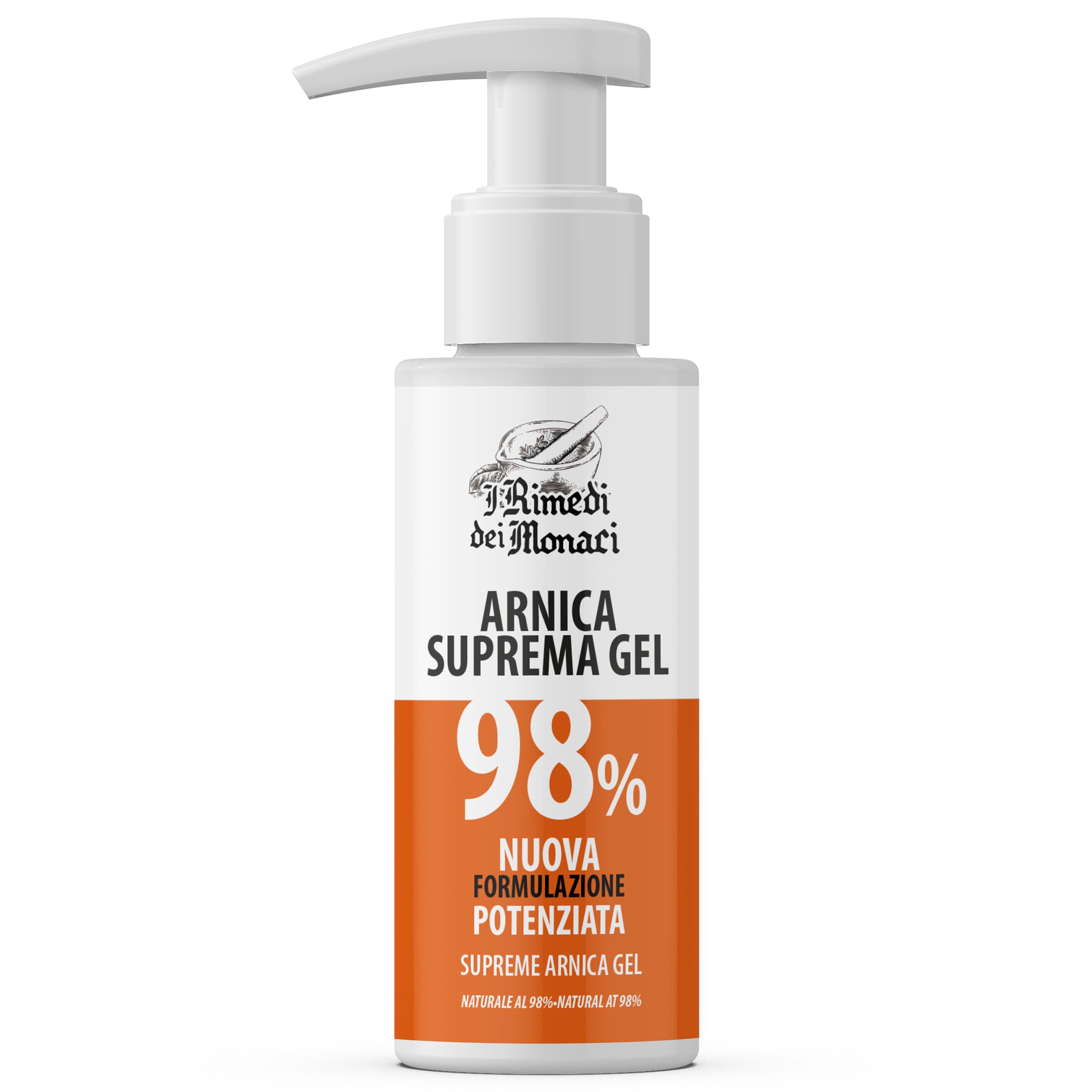 Arnica Supreme Gel, 98%. Weiße Flasche mit Dosierpumpe. Text: Neue Formulierung, Supreme Arnica Gel, natürlich zu 98%.