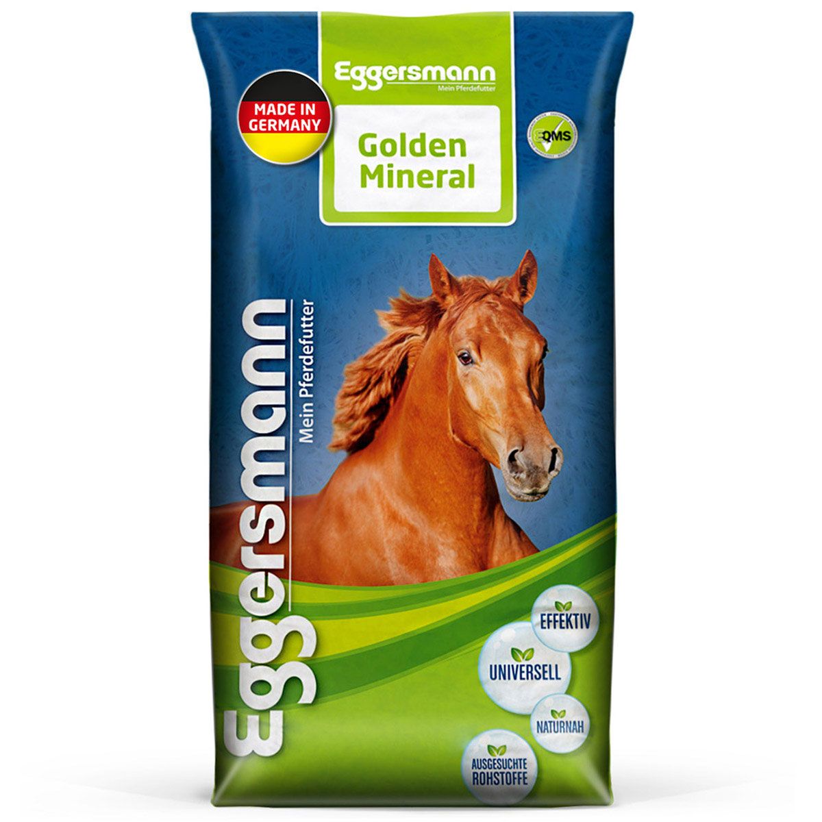 Eggersmann Golden Mineral Pferdefutter-Sack mit Pferdekopf-Illustration und Siegeln.