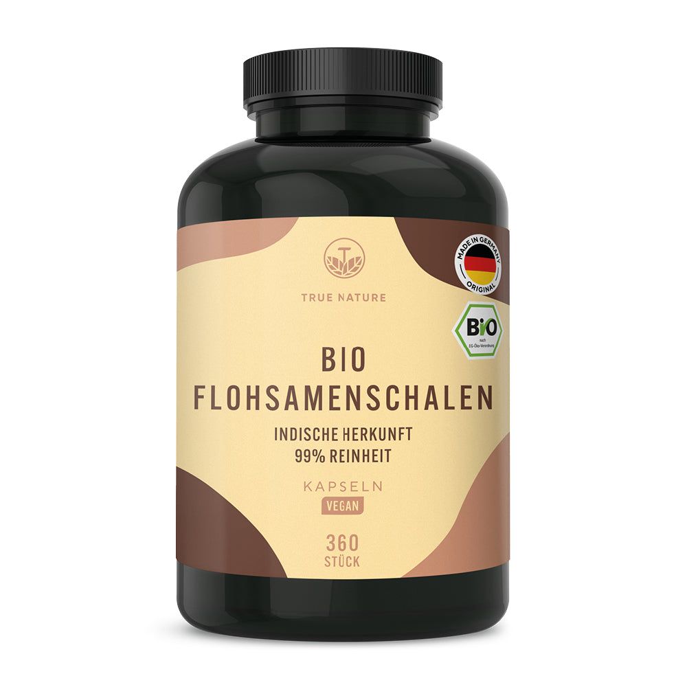 Dunkle Dose mit TRUE NATURE BIO Flohsamenschalen Kapseln, 360 Stück.