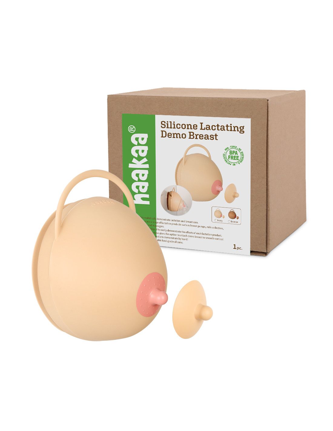 Elfenbeinfarbenes Brustmodell mit rosa Brustwarze und abnehmbarem Nippel. In Verpackung.