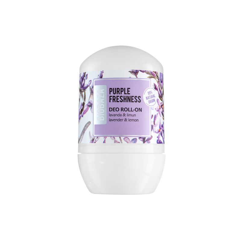Weißer Roll-on-Deo mit lila Etikett. Aufschrift: Purple Freshness, lavanda & limun, lavender & lemon.