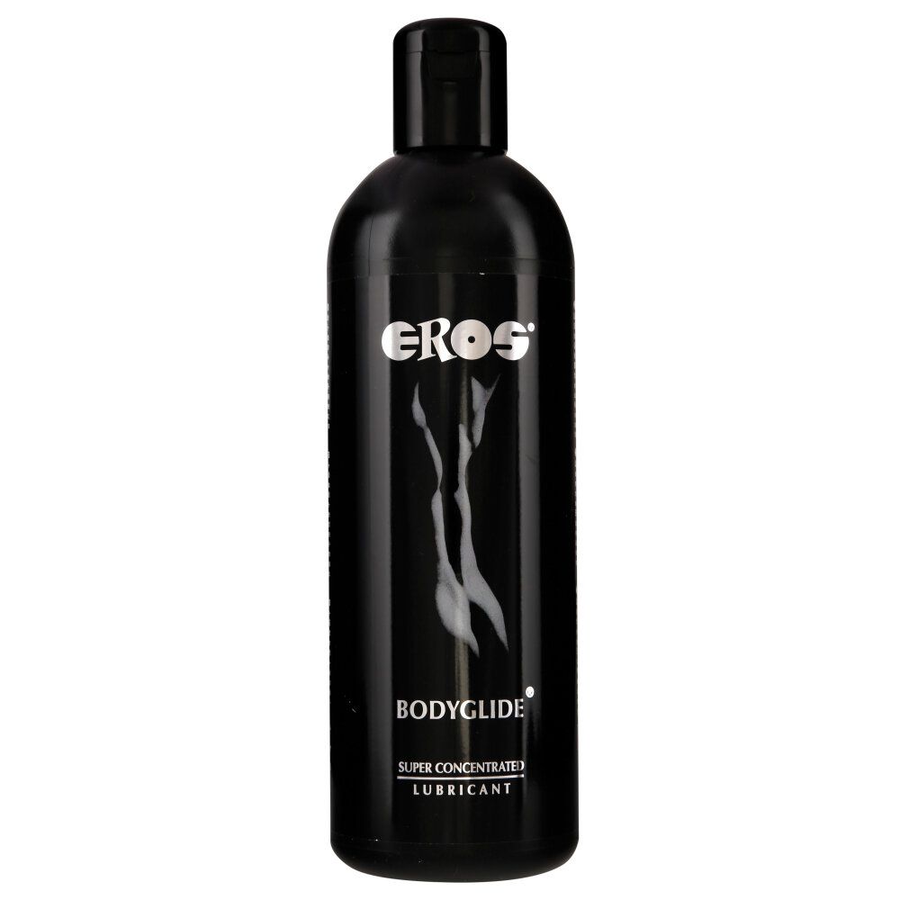 Schwarze Flasche mit EROS-Logo und Aufschrift BODYGLIDE. Enthält ein Konzentrat. Mit Klappverschluss.