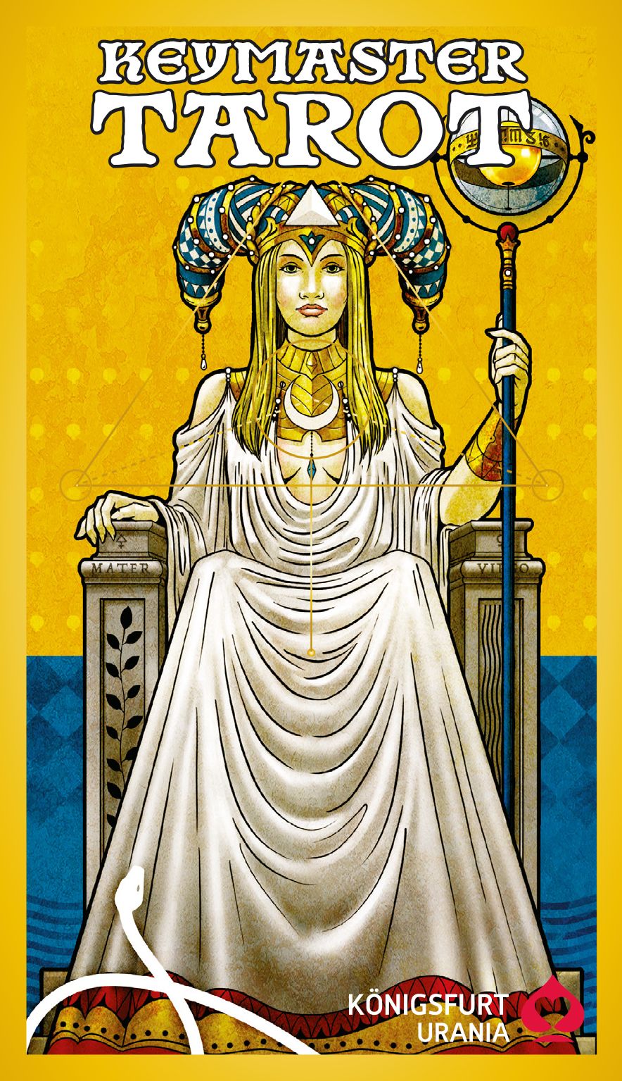 Keymaster Tarot. Illustration einer Frau mit Krone und Zepter. Gelber Hintergrund mit geometrischen Mustern. Königsfurt Urania.
