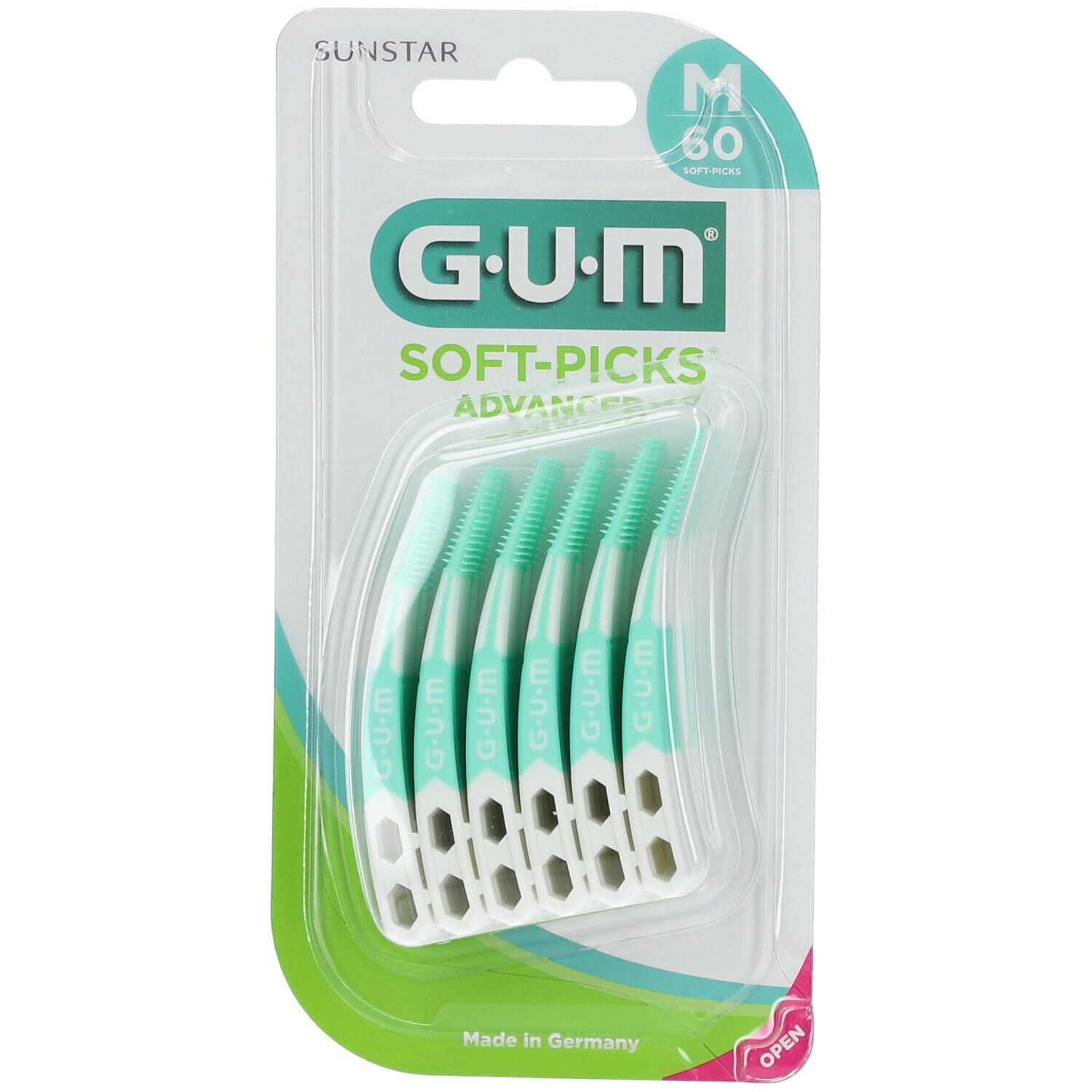 Verpackung mit G.U.M. SOFT-PICKS ADVANCED Medium Interdentalbürsten. 6 Stück sichtbar. Marke und Größe angegeben.