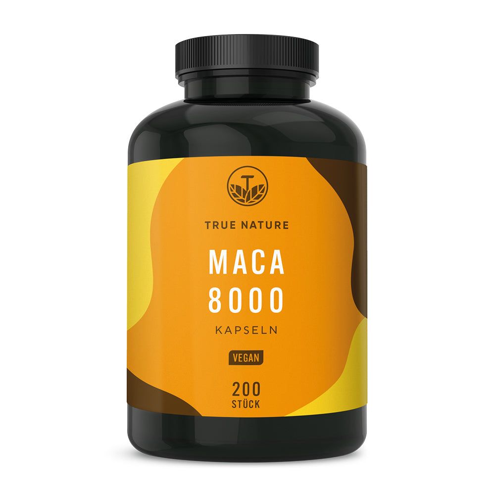 Schwarze Dose mit TRUE NATURE Maca 8000 Kapseln, 200 Stück.