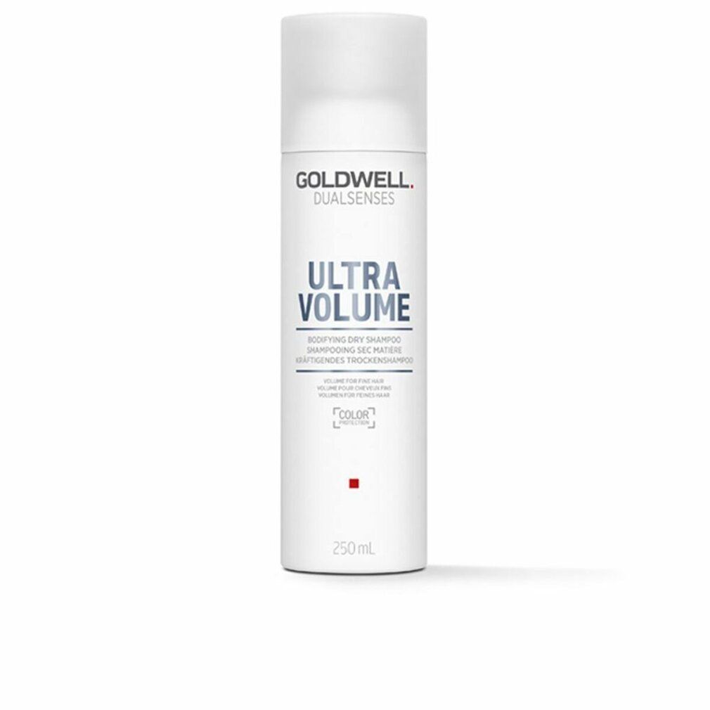 Weißes Trockenshampoo-Spray. Aufschrift: GOLDWELL DUALSENSES, ULTRA VOLUME, 250ml. Roter Punkt unten.