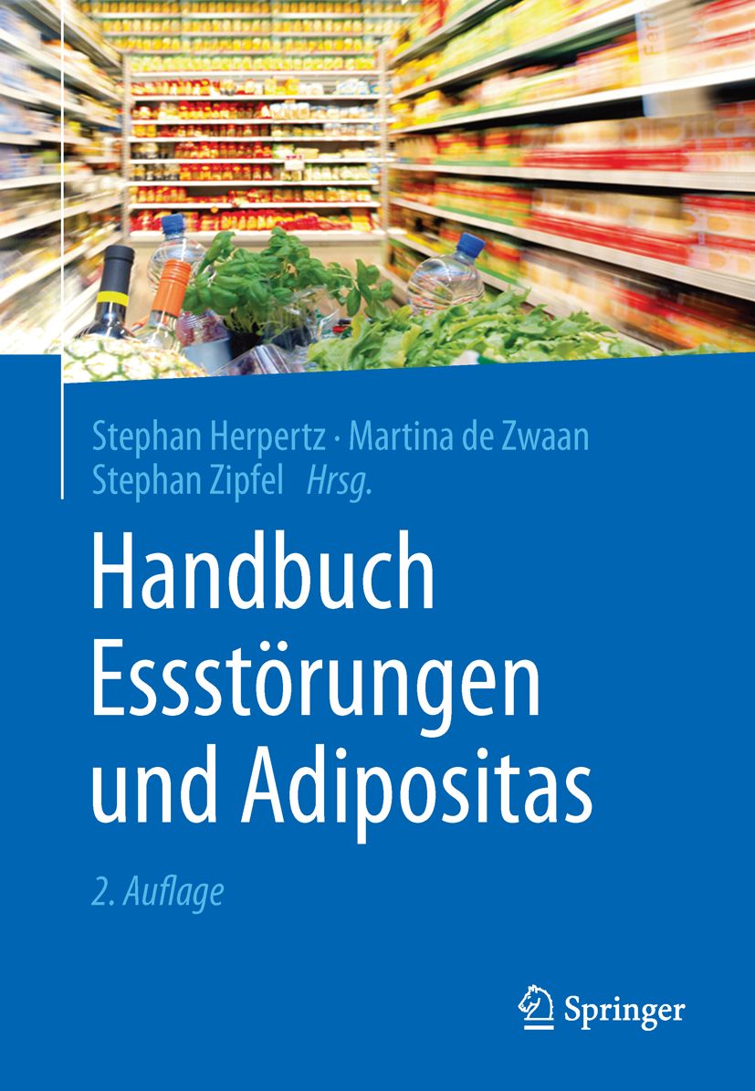 Buchcover: "Handbuch Essstörungen und Adipositas". Autoren: Herpertz, de Zwaan, Zipfel. Verlag Springer. 2. Auflage. Hintergrund: Supermarkt.