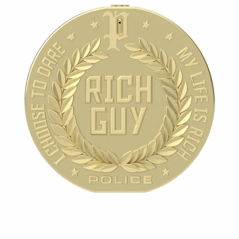 Goldfarbener, runder Flakon mit Aufschrift RICH GUY, umgeben von Lorbeerzweigen und Text. Sterne.