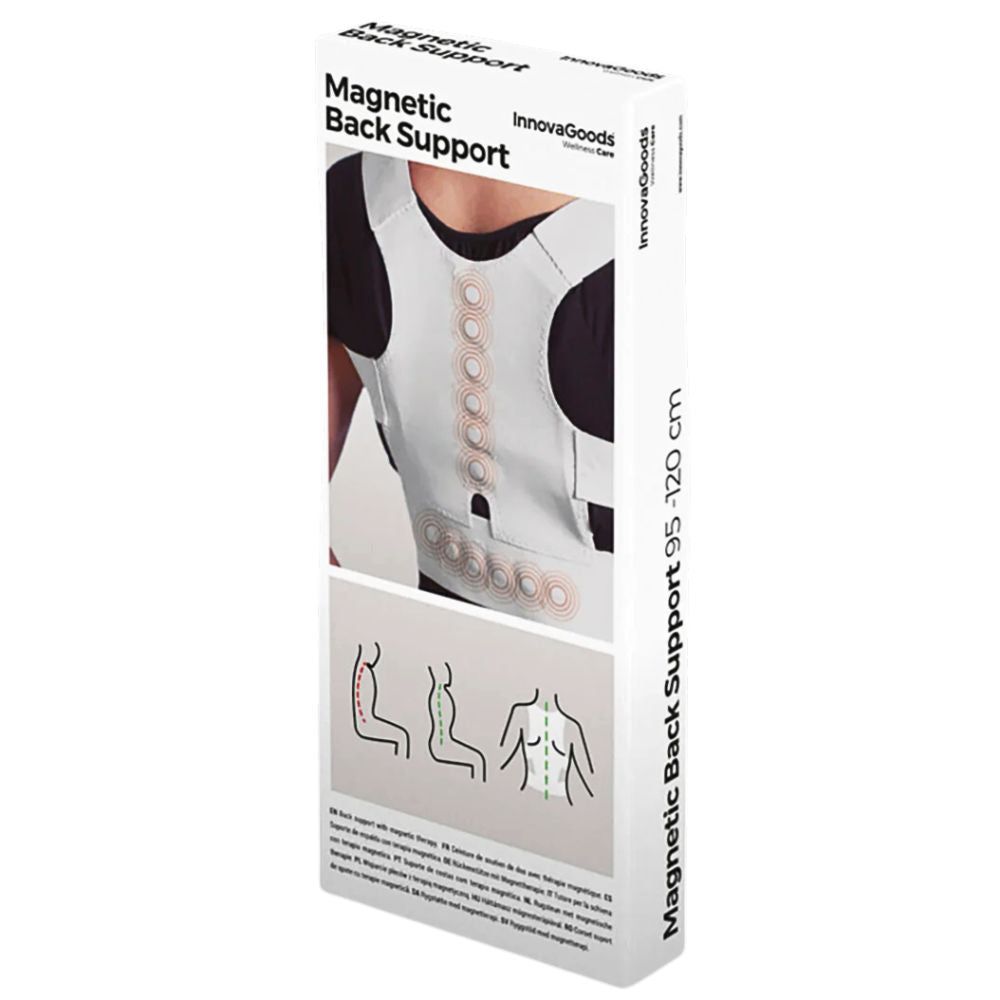 Verpackung des Magnetischen Rückenkorrektors. Text: Magnetic Back Support, InnovaGoods. Illustrationen zur Haltung. Größe: 95-120 cm.