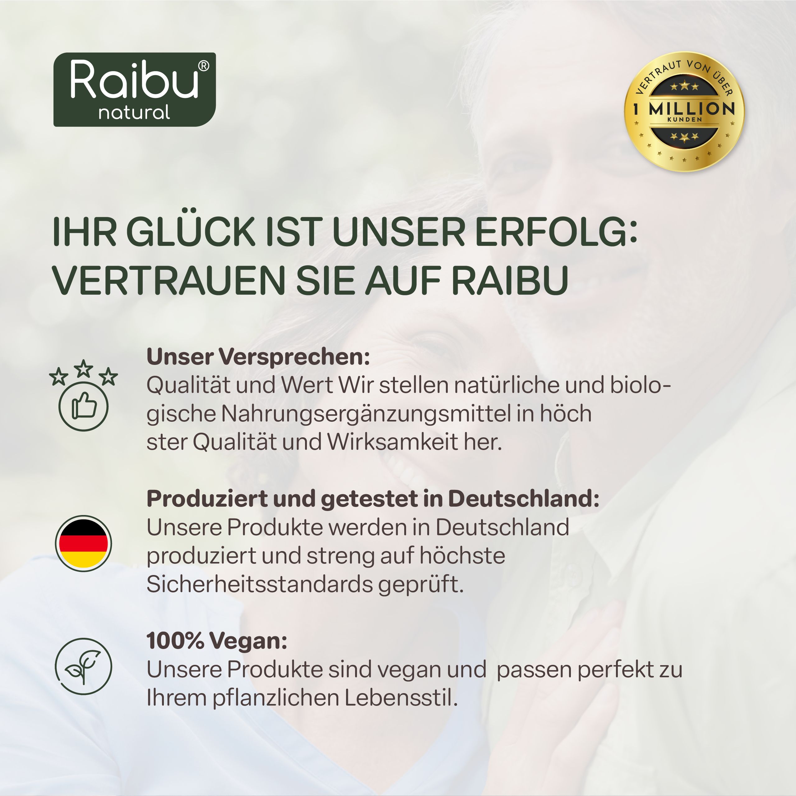 Text: Ihr Glück ist unser Erfolg. Vertrauen Sie auf Raibu. Siegel: 1 Million Vertrauen.