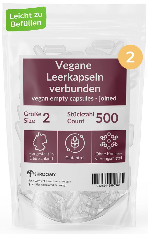 Transparente Leerkapseln in Beutel. Aufschrift: Vegane Leerkapseln verbunden, Größe 2, 500 Stück. Glutenfrei, ohne Konservierungsstoffe.