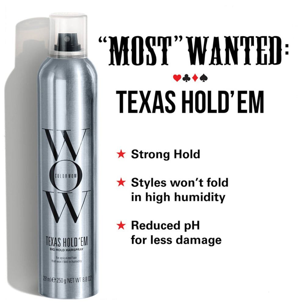 Silberne Haarspraydose mit WOW-Logo und "Texas Hold'em" Aufschrift. Bietet starken Halt.
