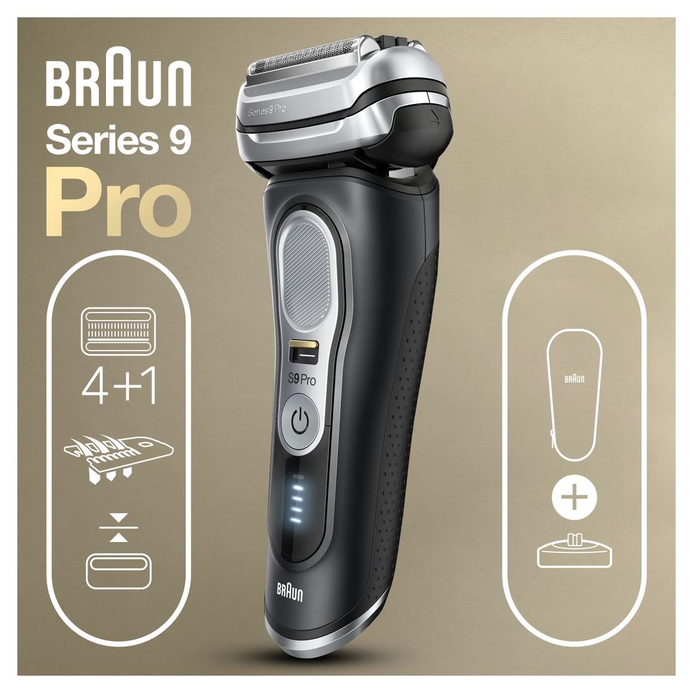 Schwarzer Elektrorasierer mit silbernem Scherkopf. Aufschrift: Braun Series 9 Pro. Symbole für Funktionen.