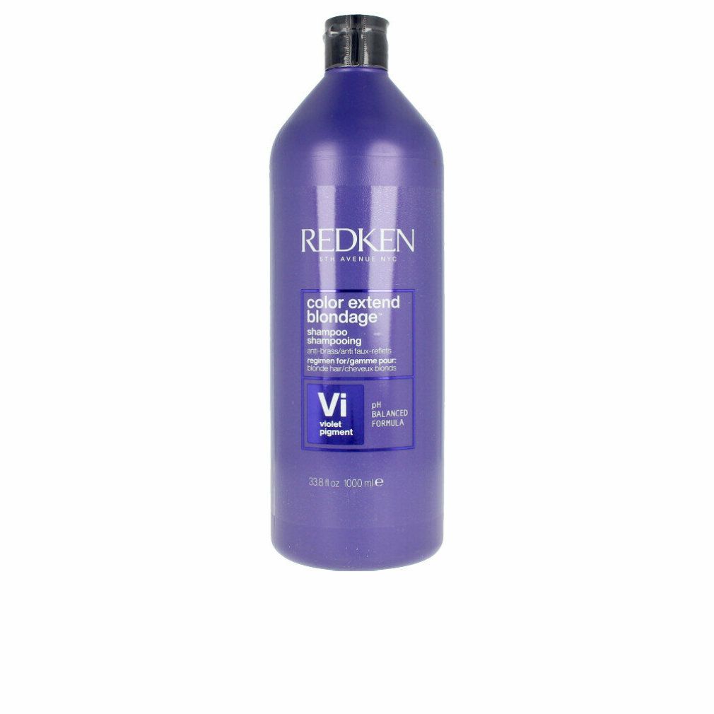 Violettes Shampoo von Redken. Flasche mit schwarzem Deckel. Aufschrift: Color Extend Blondage. pH-ausgewogene Formel.