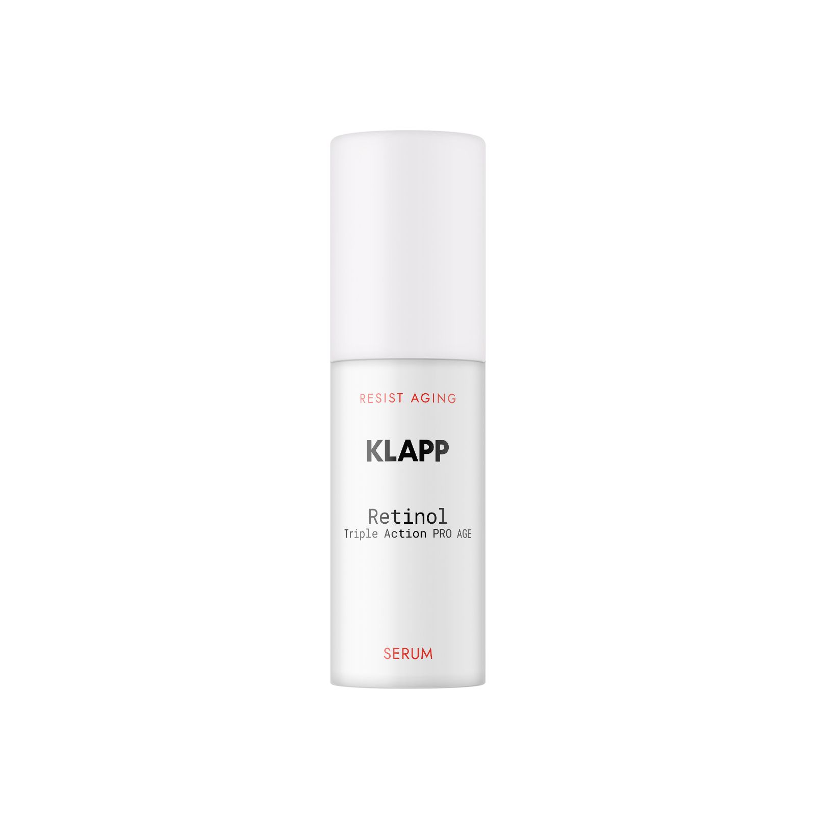 Weiße Flasche mit Klapp, Retinol Triple Action PRO AGE. Aufschrift: SERUM. Resist Aging.