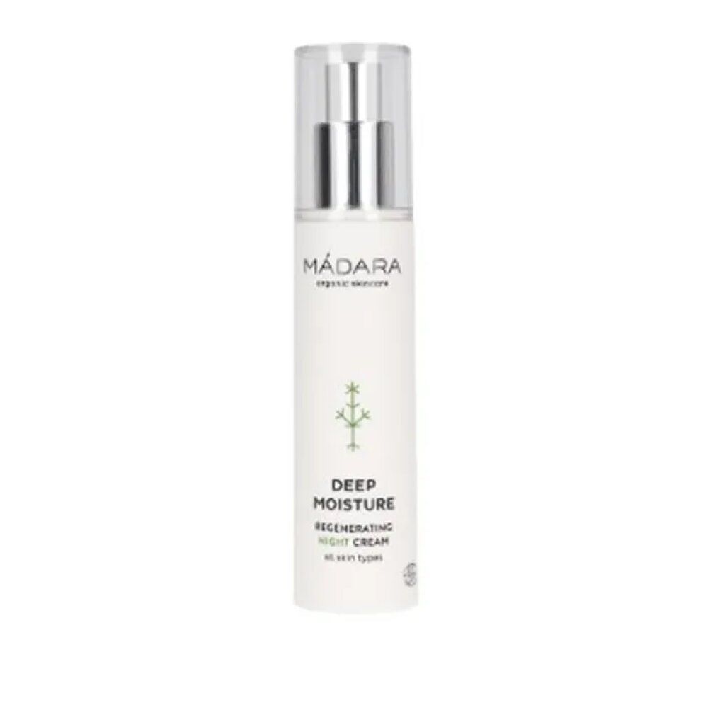 Weiße Flasche mit silberner Pumpe. Aufschrift: MÁDARA, Deep Moisture Regenerating Night Cream. Mit CE-Zertifizierung.