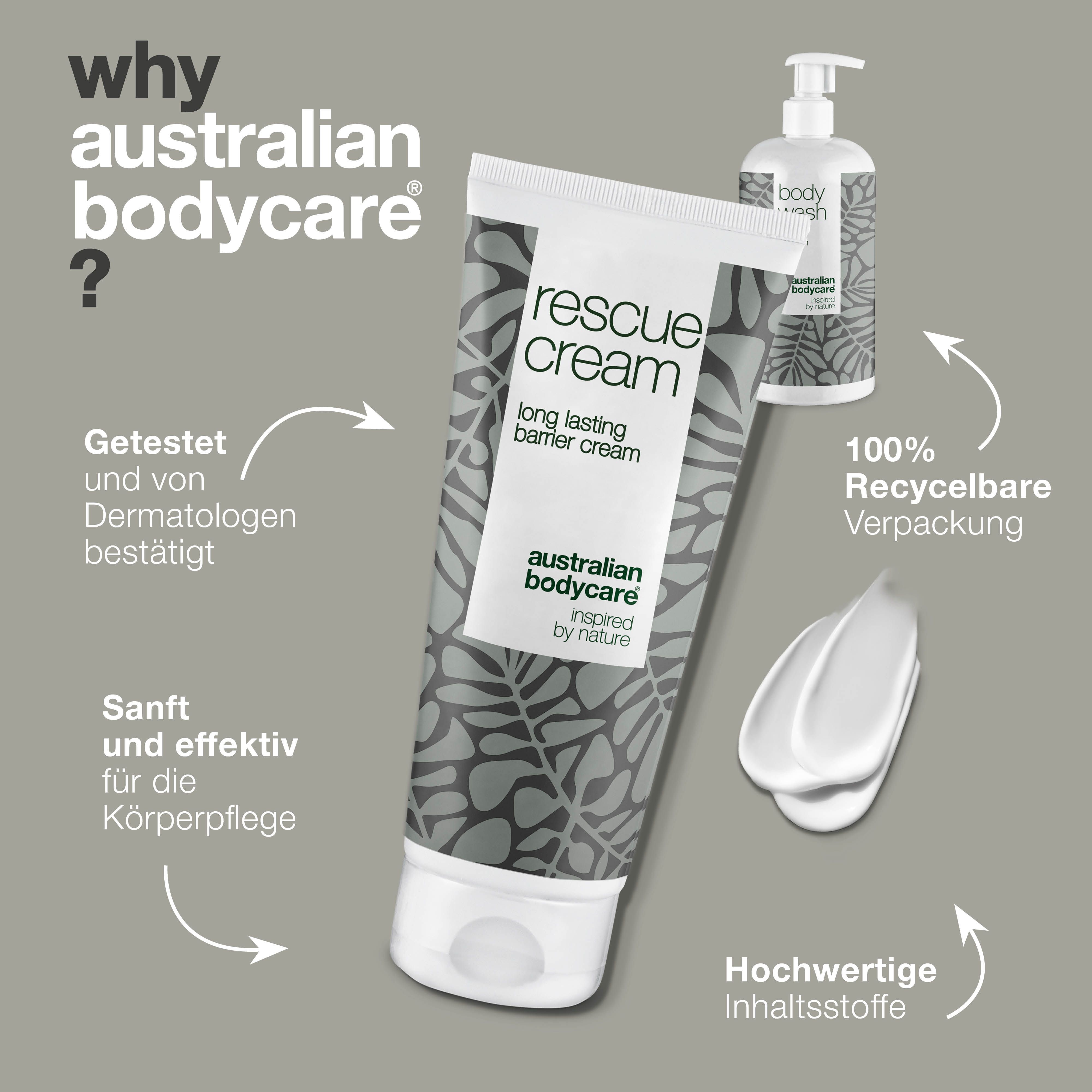 Rescue Cream und Body Wash. Text: Rescue Cream, Australian Bodycare, 100% recycelbare Verpackung.