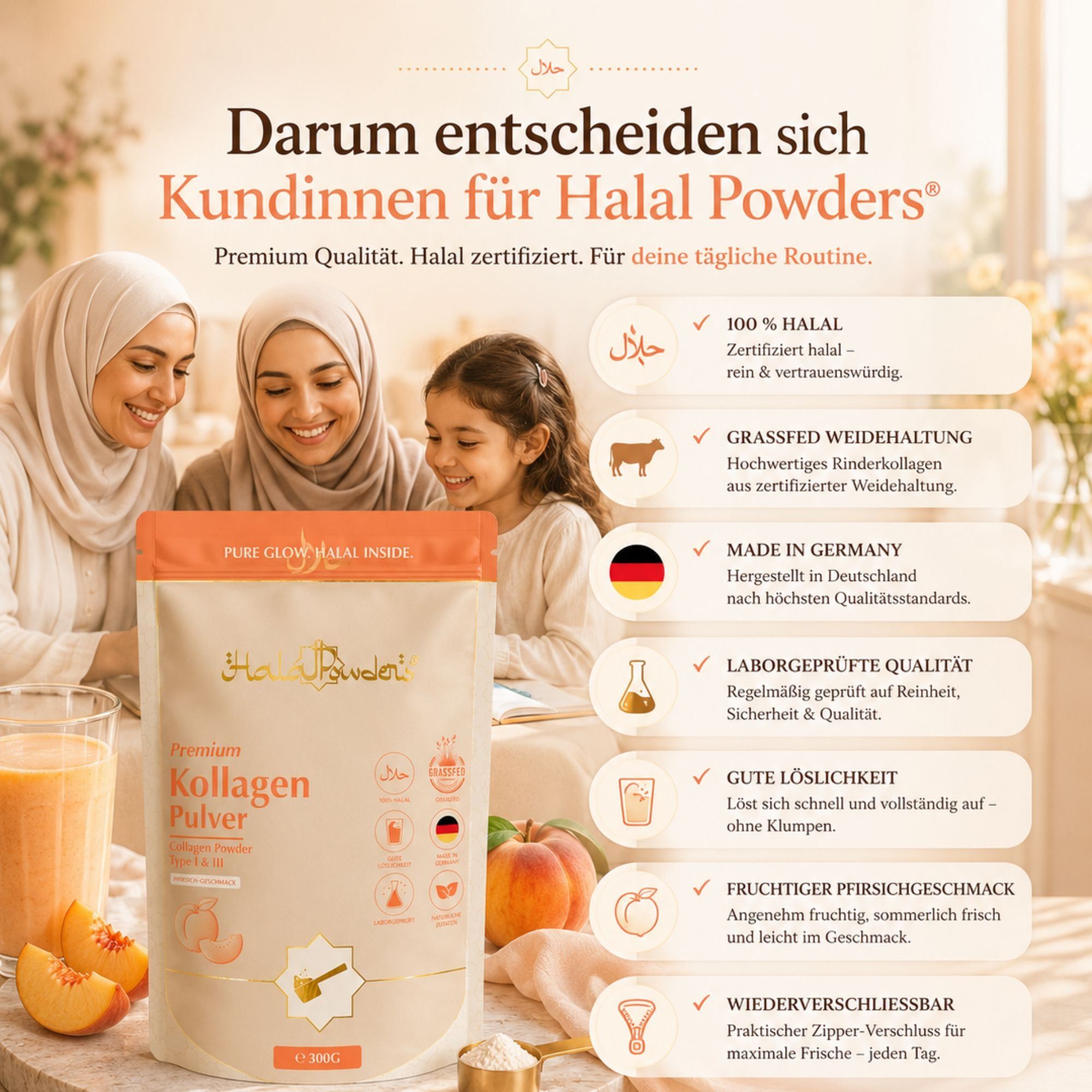 Familie lächelt, neben einer Packung Kollagen Pulver Pfirsich, mit Zertifizierungen.