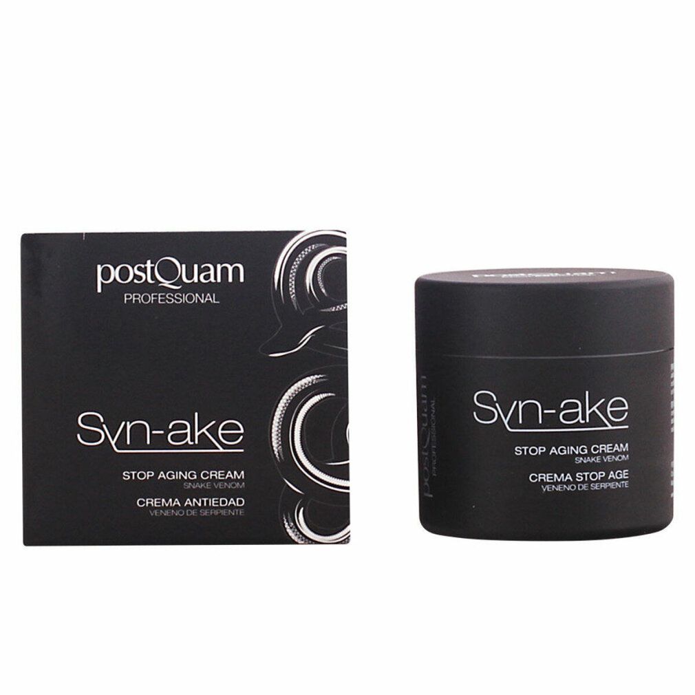 Schwarze Creme-Dose und Schachtel. Aufschrift Syn-ake, Stop Aging Cream. Marke Postquam Professional.