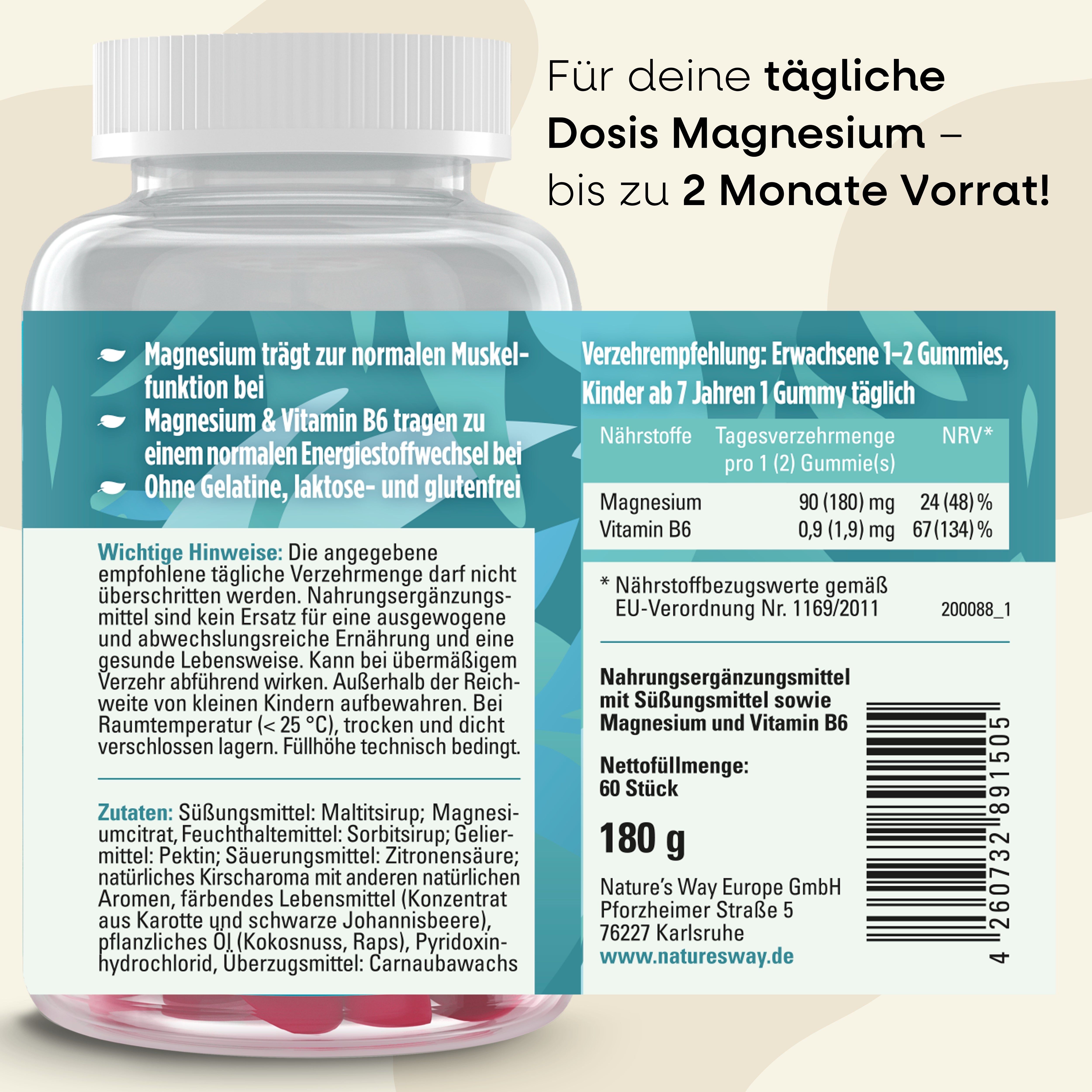 Rückseite der Flasche Nature's Way Magnesium Gummies. Text: Magnesium trägt zur normalen Muskelfunktion bei. 60 Stück, 180 g. Zutatenliste.