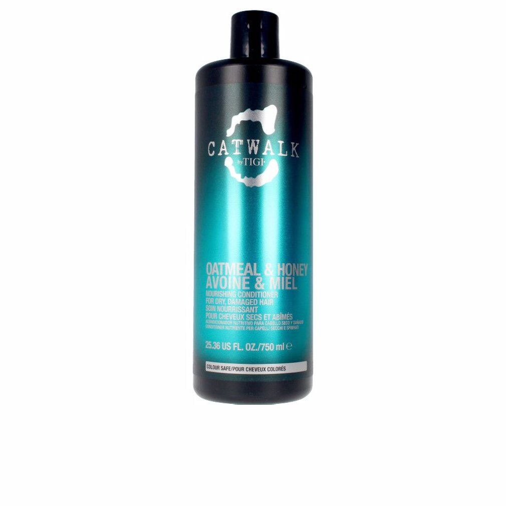 Dunkelgrüne Flasche mit schwarzem Deckel. Aufschrift: CATWALK by TIGI, Oatmeal & Honey. Für trockenes, strapaziertes Haar.