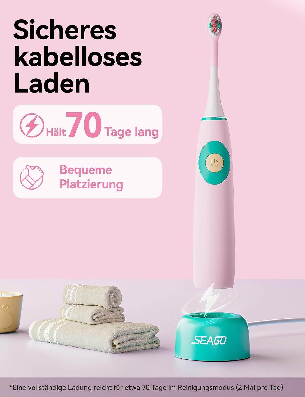 SEAGO elektrische Kinderzahnbürste mit 4 Aufsteckbürsten, 2-Minuten-Timer und Regenbogenlicht.