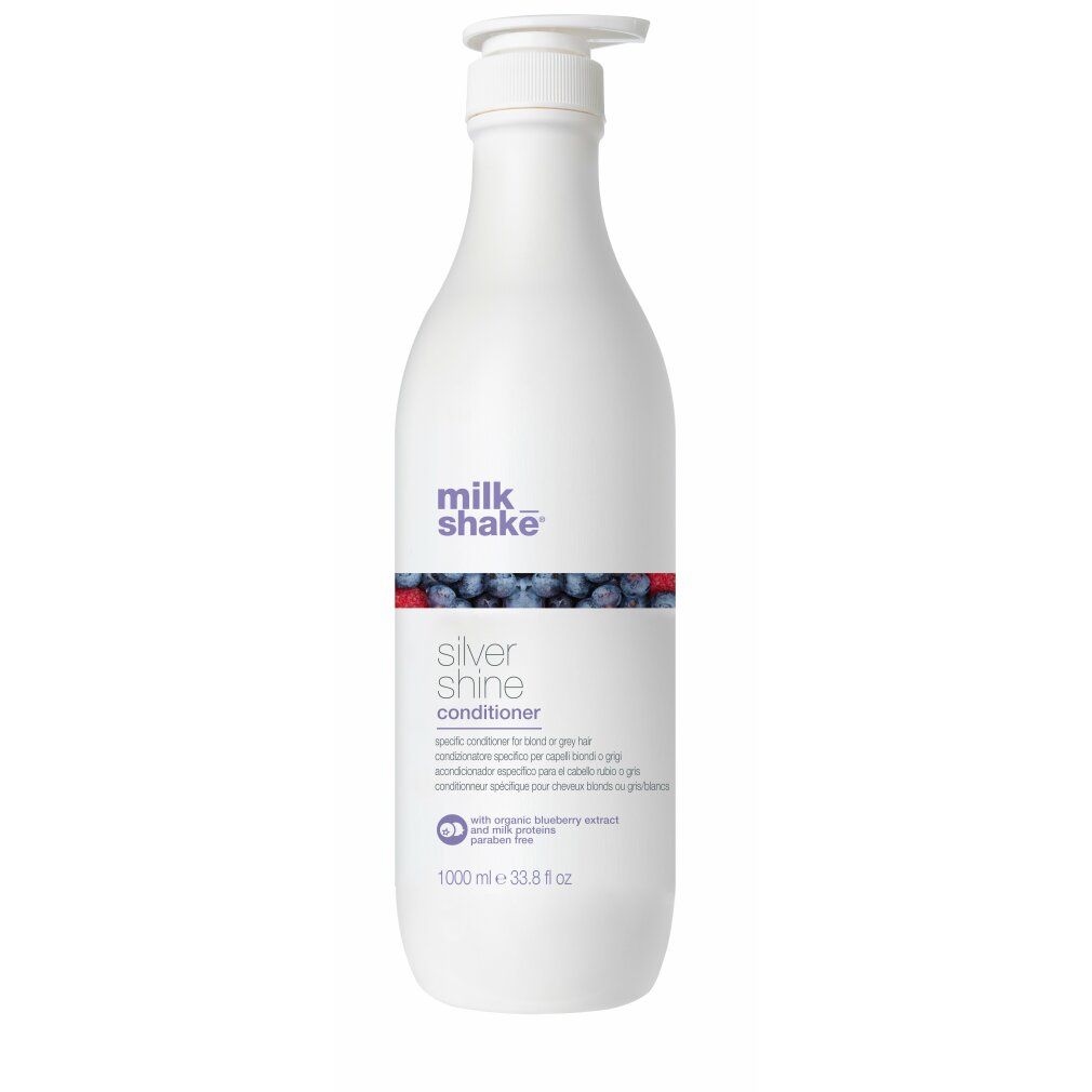 Weiße Flasche mit Pumpe. Aufschrift: milk_shake, Silver shine conditioner. Mit Blaubeerextrakt. 1000 ml.