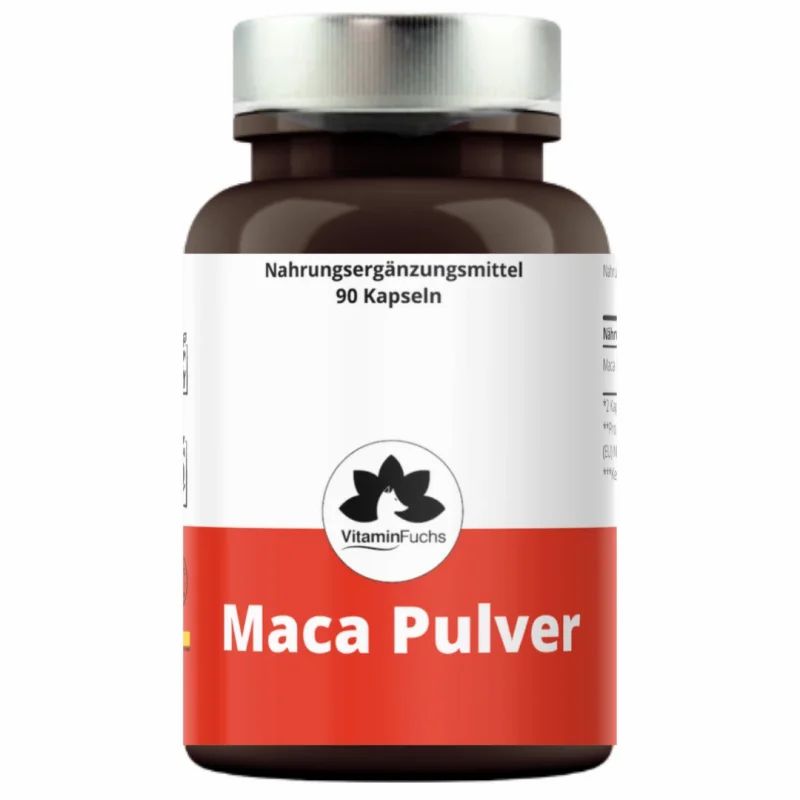 Braune Kapsel-Dose mit silbernem Deckel. Roter Streifen mit "Maca Pulver" und "VitaminFuchs" Logo. Aufschrift: Nahrungsergänzungsmittel, 90 Kapseln.