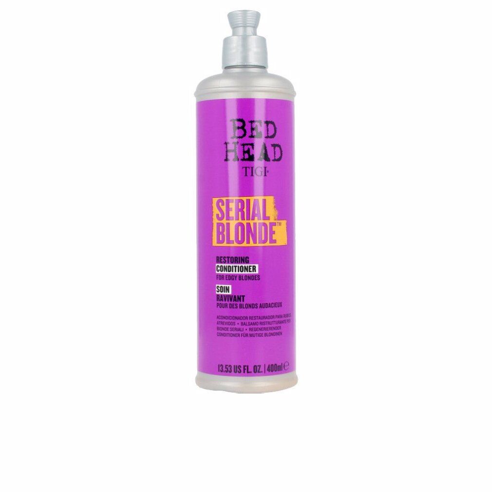 Violette Flasche mit Produktetikett. Aufschrift: Bed Head Tigi Serial Blonde. Restoring Conditioner. 400ml.