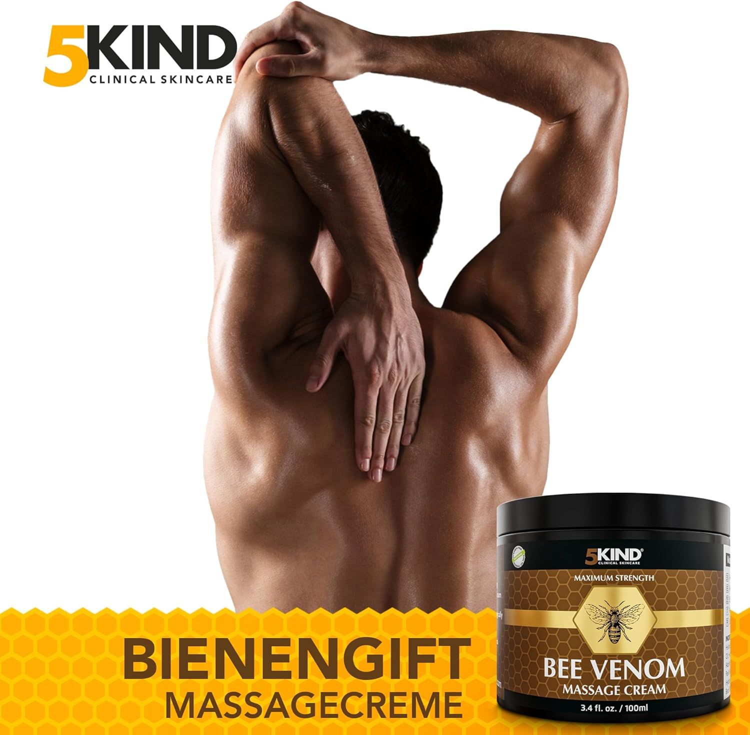 Dunkle Dose mit goldfarbenem Etikett. Text: Bee Venom Massage Cream. Mann berührt Schulter. Text: Bienengift Massagecreme.