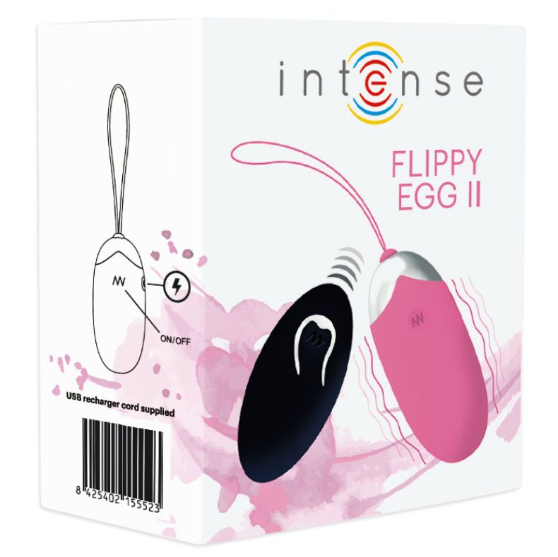 Verpackung mit rosa Ei, schwarzer Fernbedienung. Text: Intense, Flippy Egg II. Illustrationen. USB-Ladekabel.