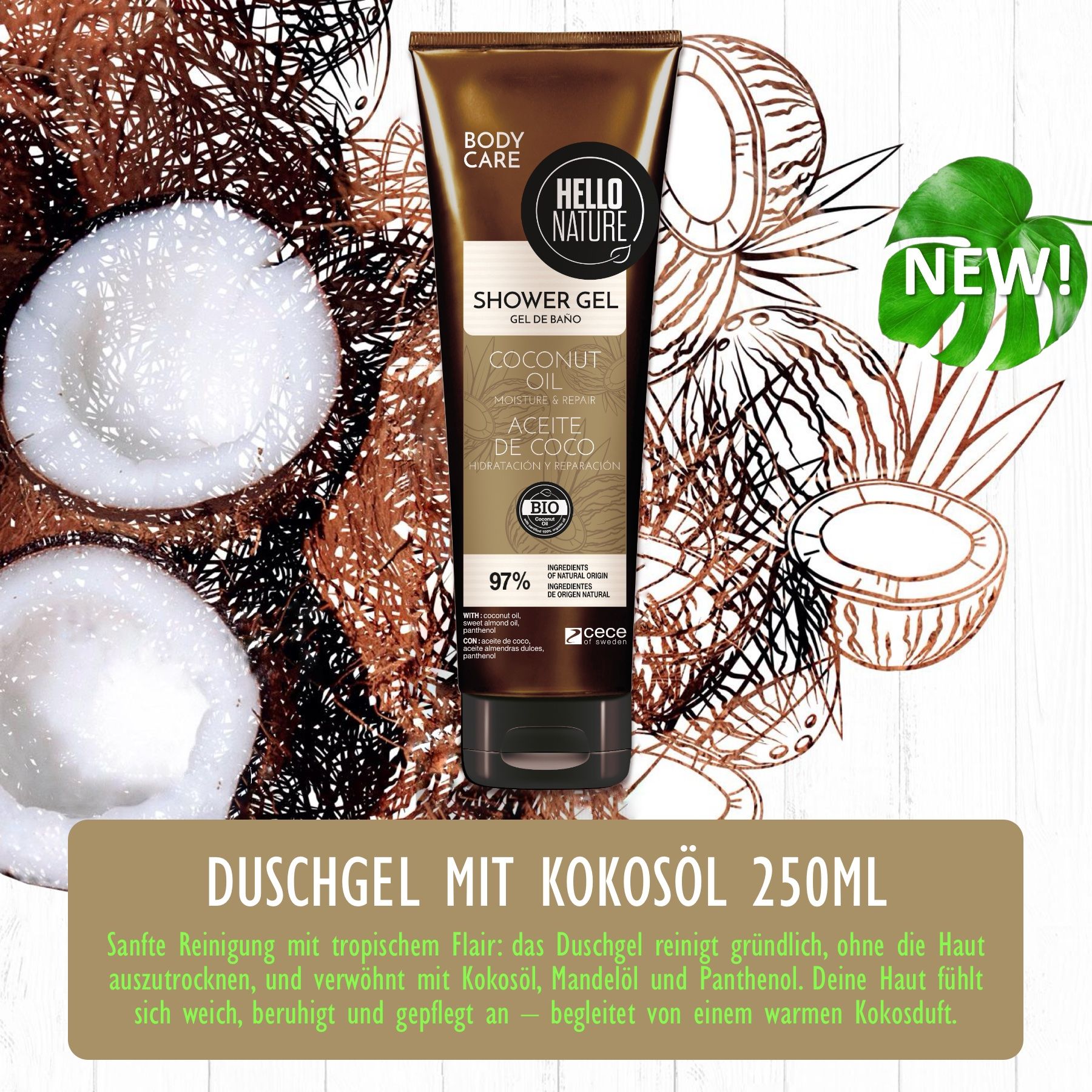 Duschgel mit Kokosöl in einer braunen Tube. Das Produkt hat das Hello Nature Logo und enthält 97% Inhaltsstoffe natürlichen Ursprungs.