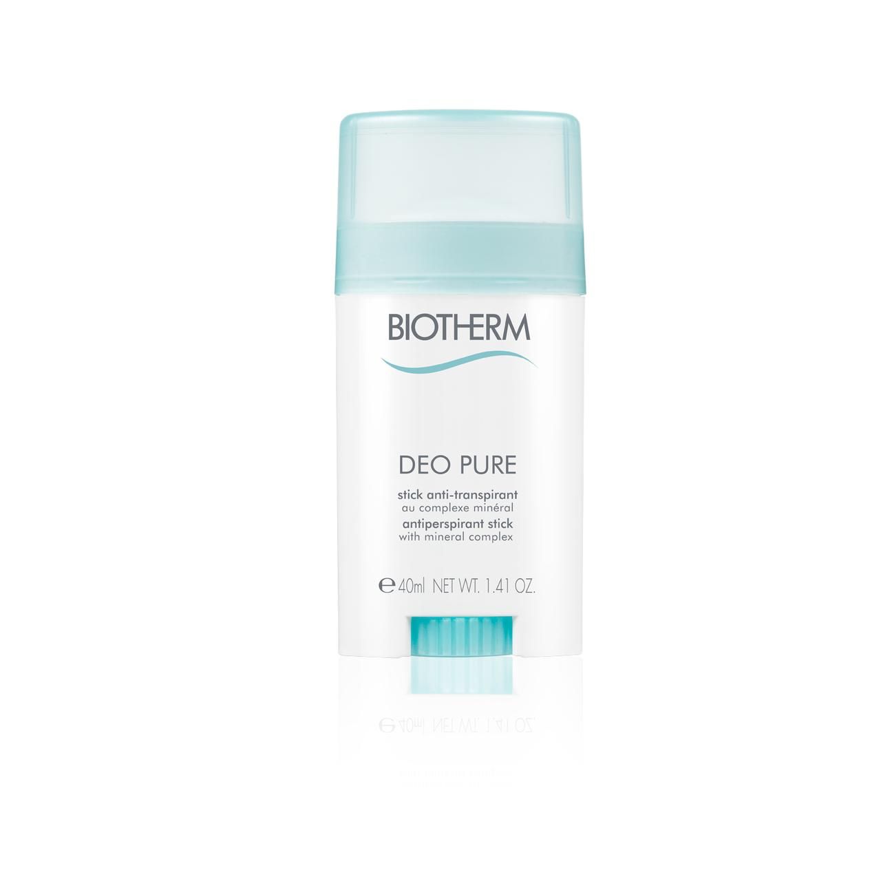 BIOTHERM Deo Pure Stick. Weißer Behälter mit hellblauem Deckel. Text: 'DEO PURE', 'antiperspirant stick'.