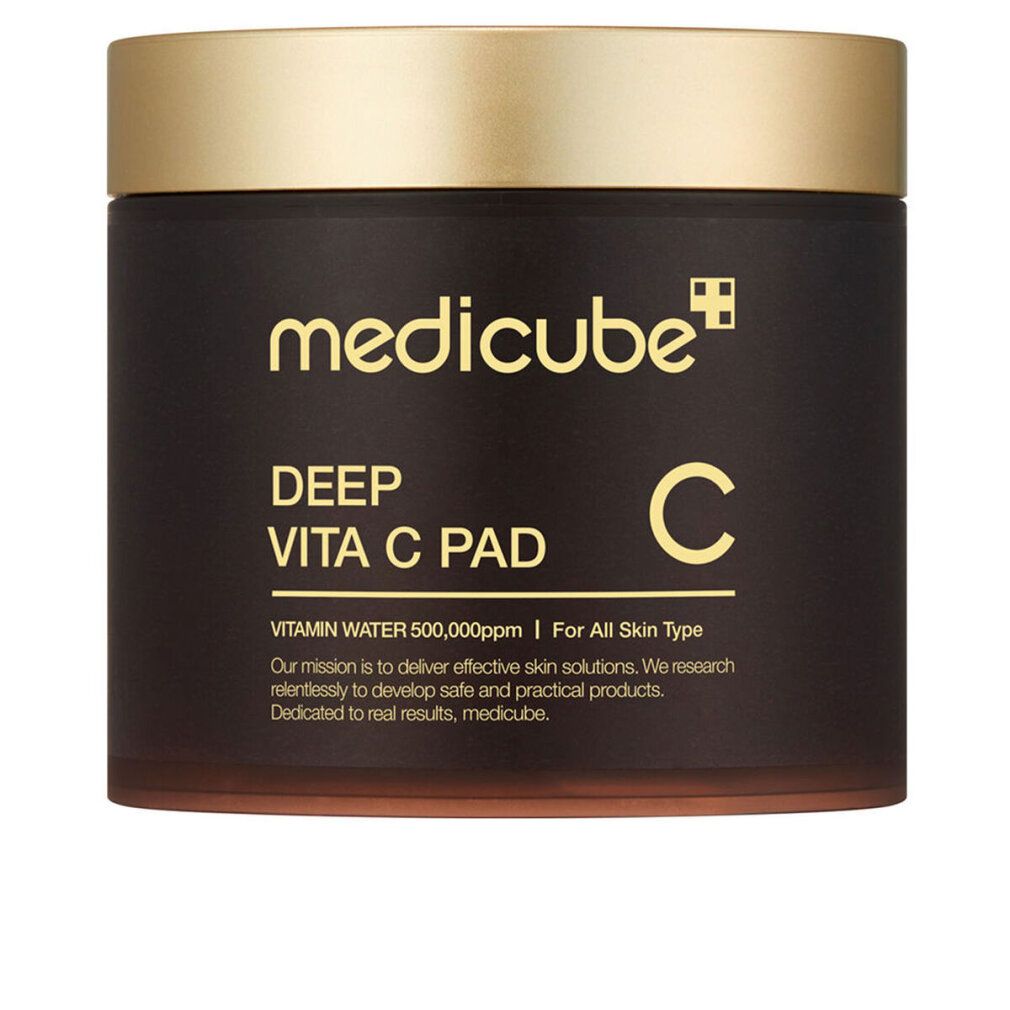 Dunkelbrauner Tiegel mit goldenem Deckel. Aufschrift: medicube, Deep Vita C Pad, C. Text: Vitamin Water 500,000ppm, For All Skin Type.