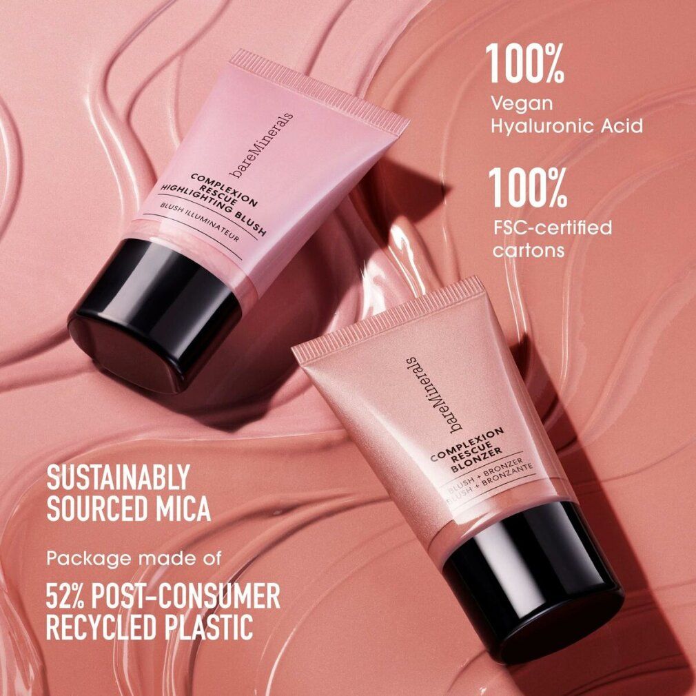 Zwei Tuben auf rosa Hintergrund. Aufschrift: bareMinerals, COMPLEXION RESCUE. Text: Nachhaltig gewonnenes Glimmer, recycelter Kunststoff.