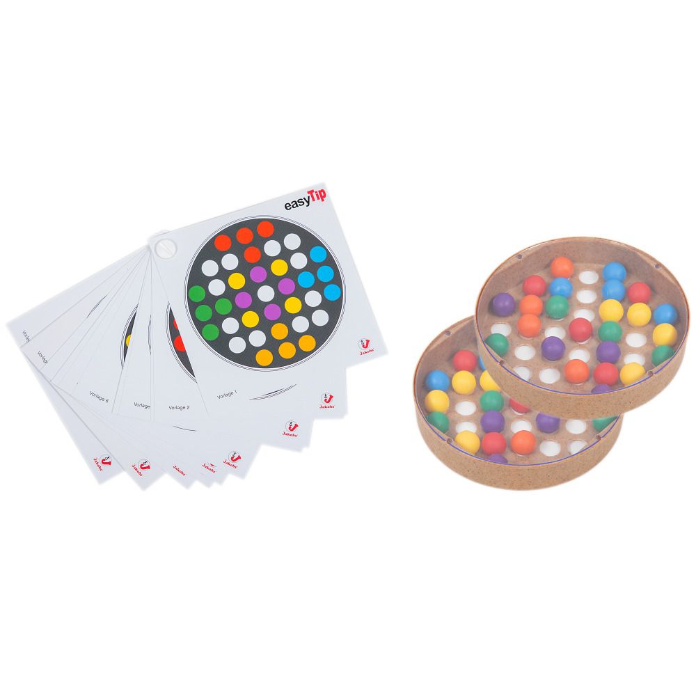 Zwei Spiele mit bunten Kugeln und Karten. Die Spiele sind rund mit Löchern. Karten zeigen farbige Muster.