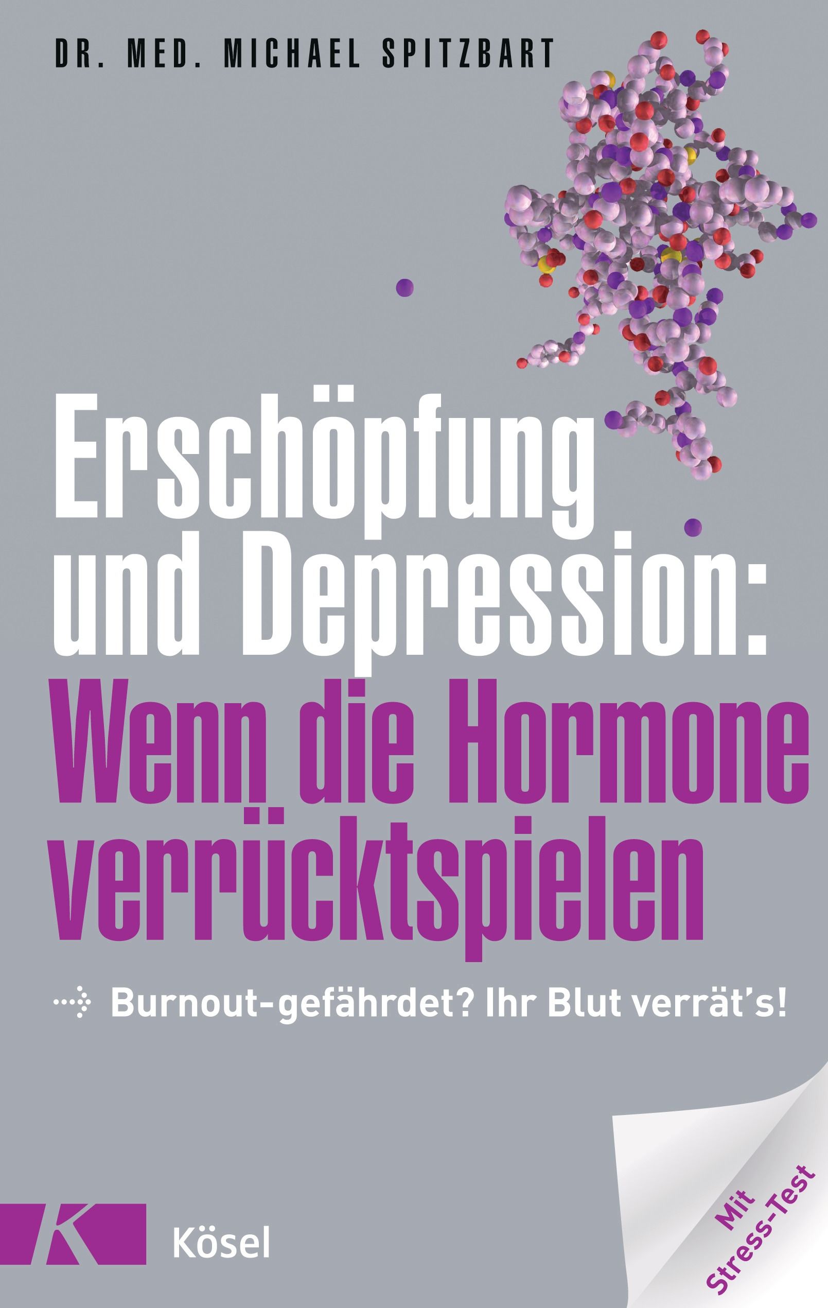 Buchcover: Erschöpfung und Depression. Titel und Autor sichtbar. Abbildung von Molekülstruktur. Logo Kösel und Stress-Test.