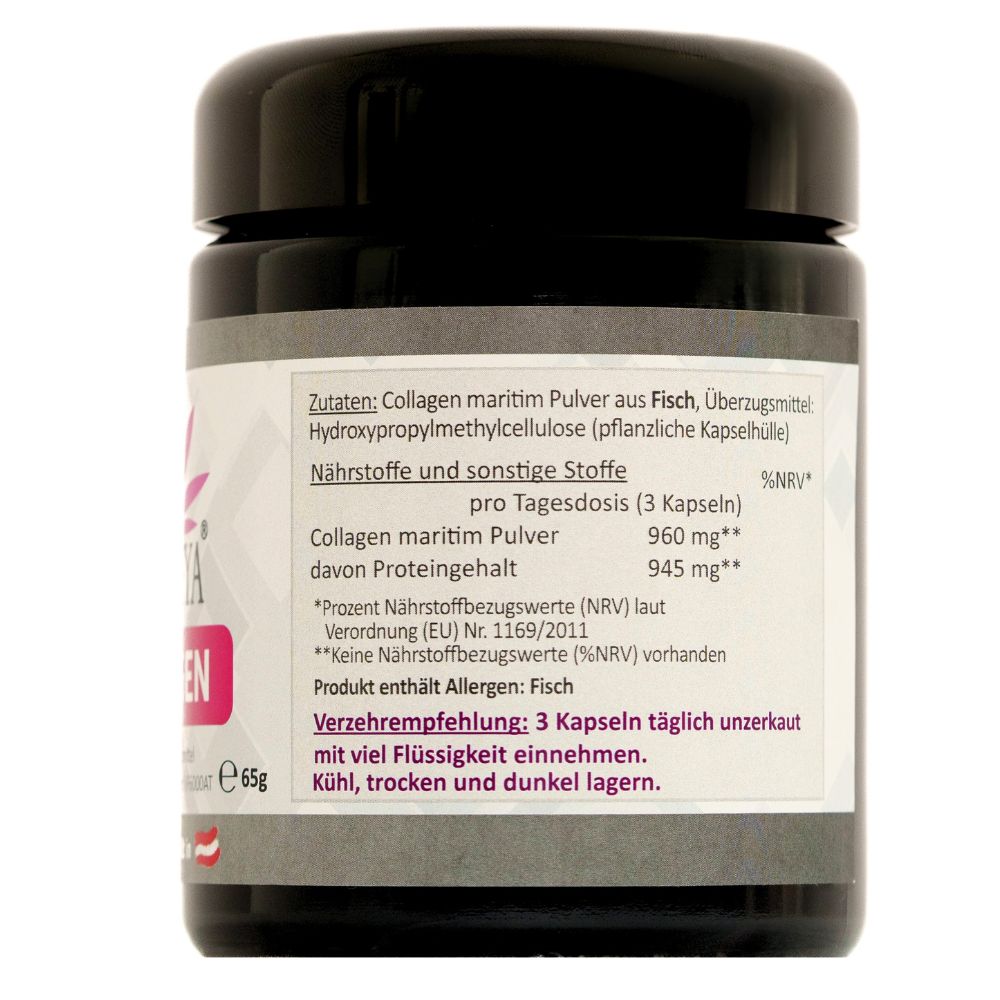 Schwarze Dose mit weißem Etikett. Text: Zutaten, Nährstoffe, Verzehrempfehlung: 3 Kapseln täglich. Kühl, trocken lagern.