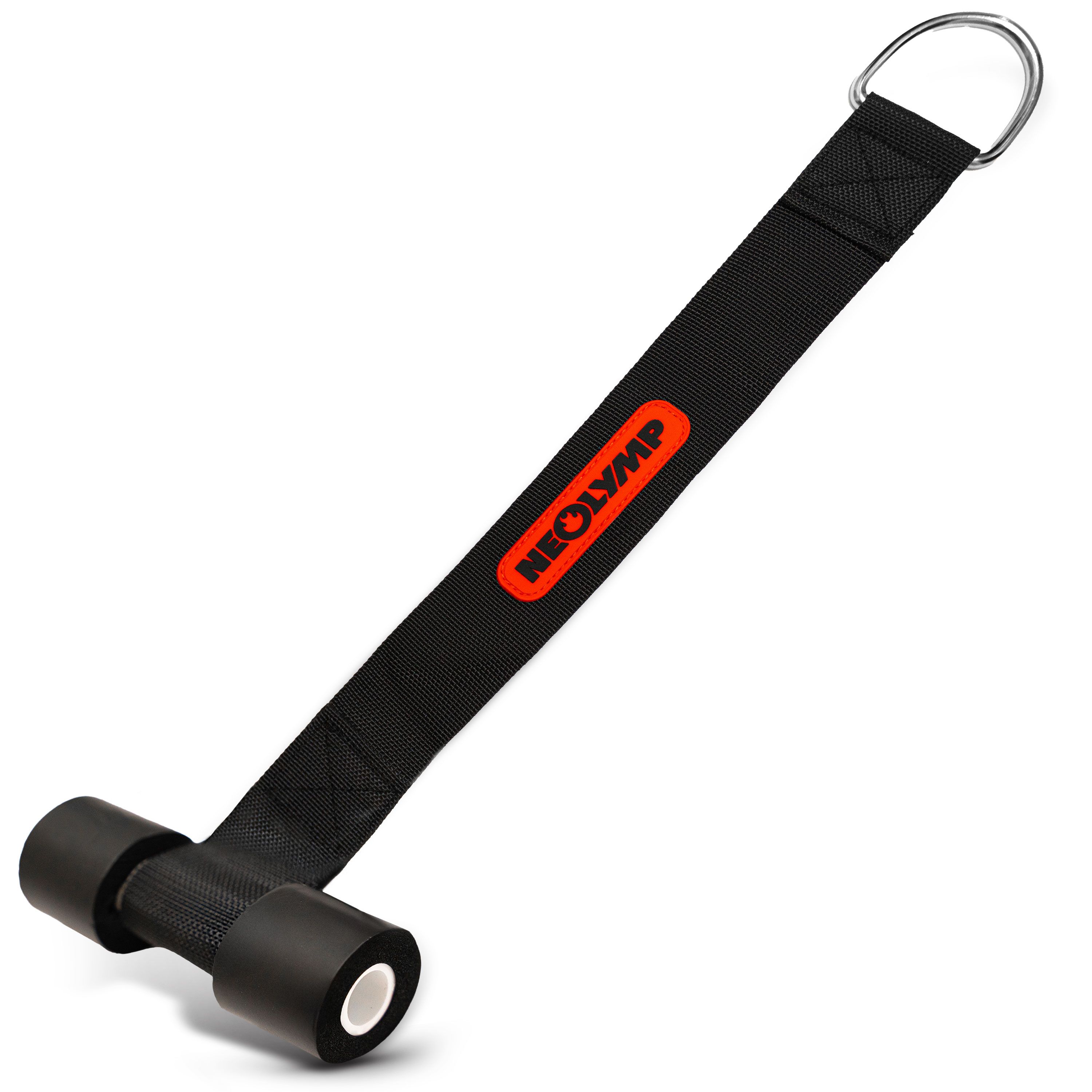 Schwarzer Türanker mit Metallring und zwei schwarzen Rollen. Orangefarbenes Logo mit Schriftzug.