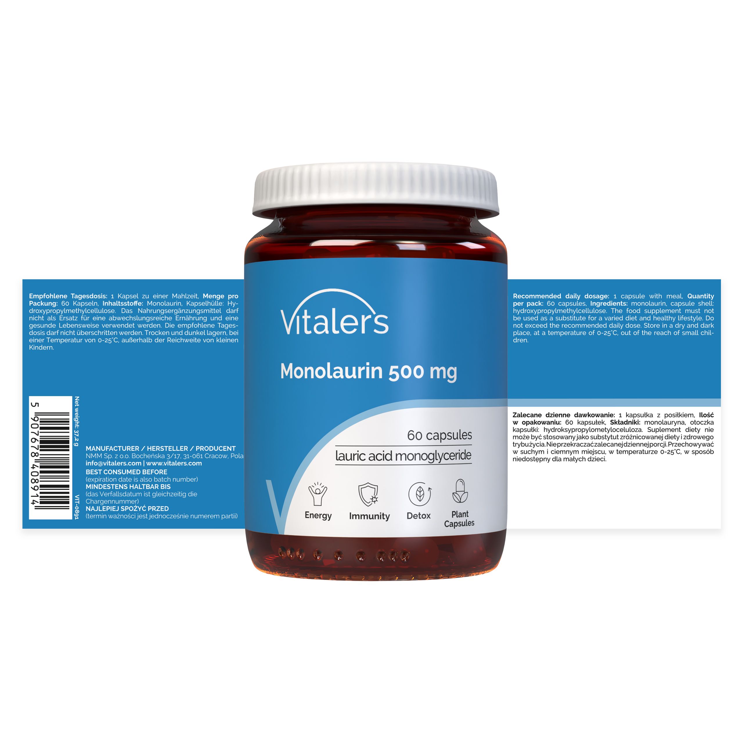 Vitalers Monolaurin 500 mg Kapseln. Fläschchen und Verpackung mit Detailinformationen und Barcode.