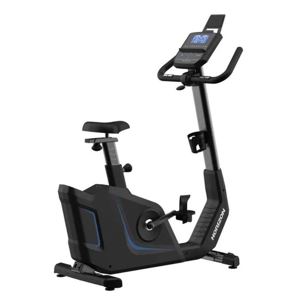 Ergometer Horizon Fitness 5.0Ui, schwarz. Mit Display, Pedalen, Sattel und Getränkehalter. Horizon-Logo.