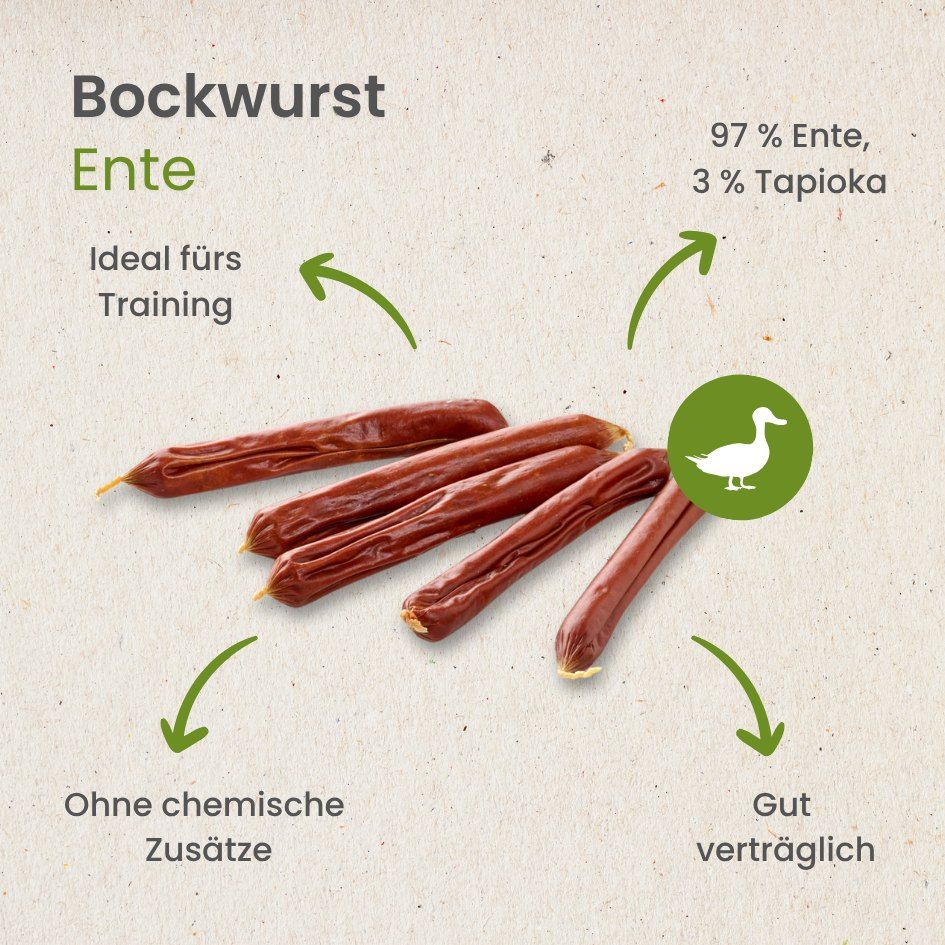 Bockwurst Ente: 97% Ente, 3% Tapioka, ideal fürs Training, ohne chemische Zusätze.