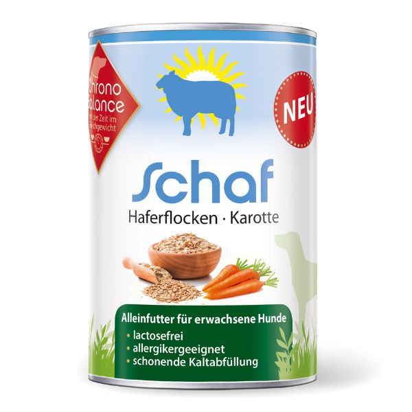 Hundefutterdose mit Aufschrift Schaf, Haferflocken, Karotte. Enthält Haferflocken, Karotten und Text: lactosefrei, allergikergeeignet.