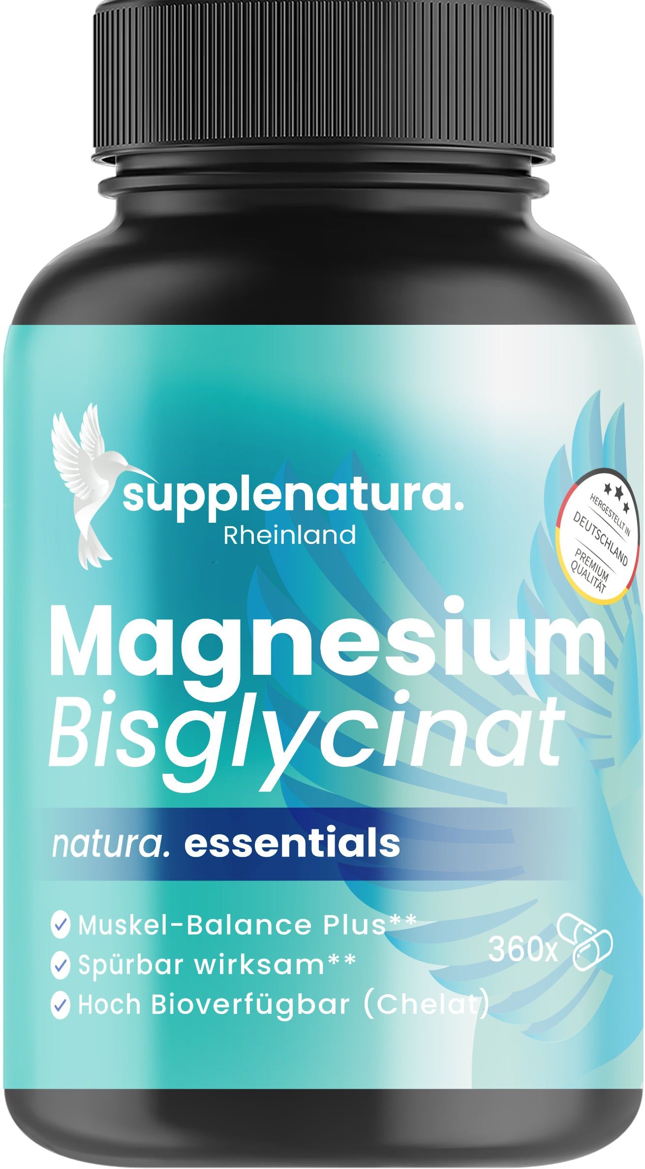 Braune Flasche mit Kapseln. Aufschrift: Magnesium Bisglycinat. Text: 360x, Muskel-Balance Plus, spürbar wirksam.