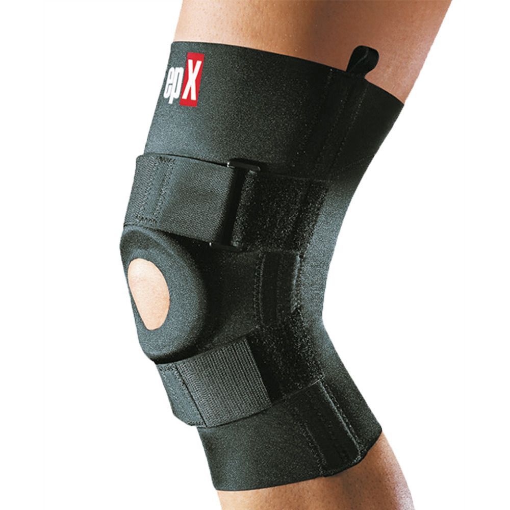 Schwarze Kniebandage mit Klettverschlüssen und Aussparung. Aufschrift epX in Rot.