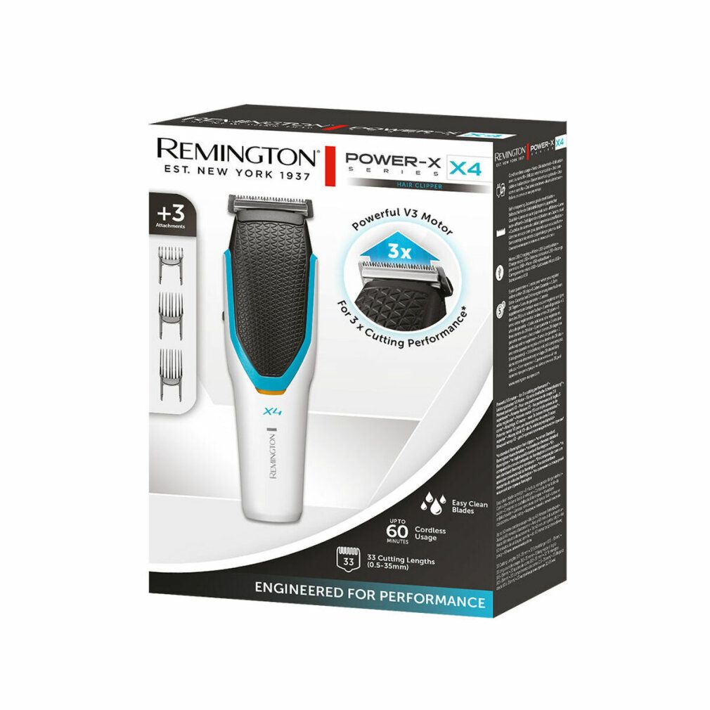 Verpackung der Remington Power-X X4 Haarschneidemaschine. Produktabbildung, Logos, Produktmerkmale und technische Daten.